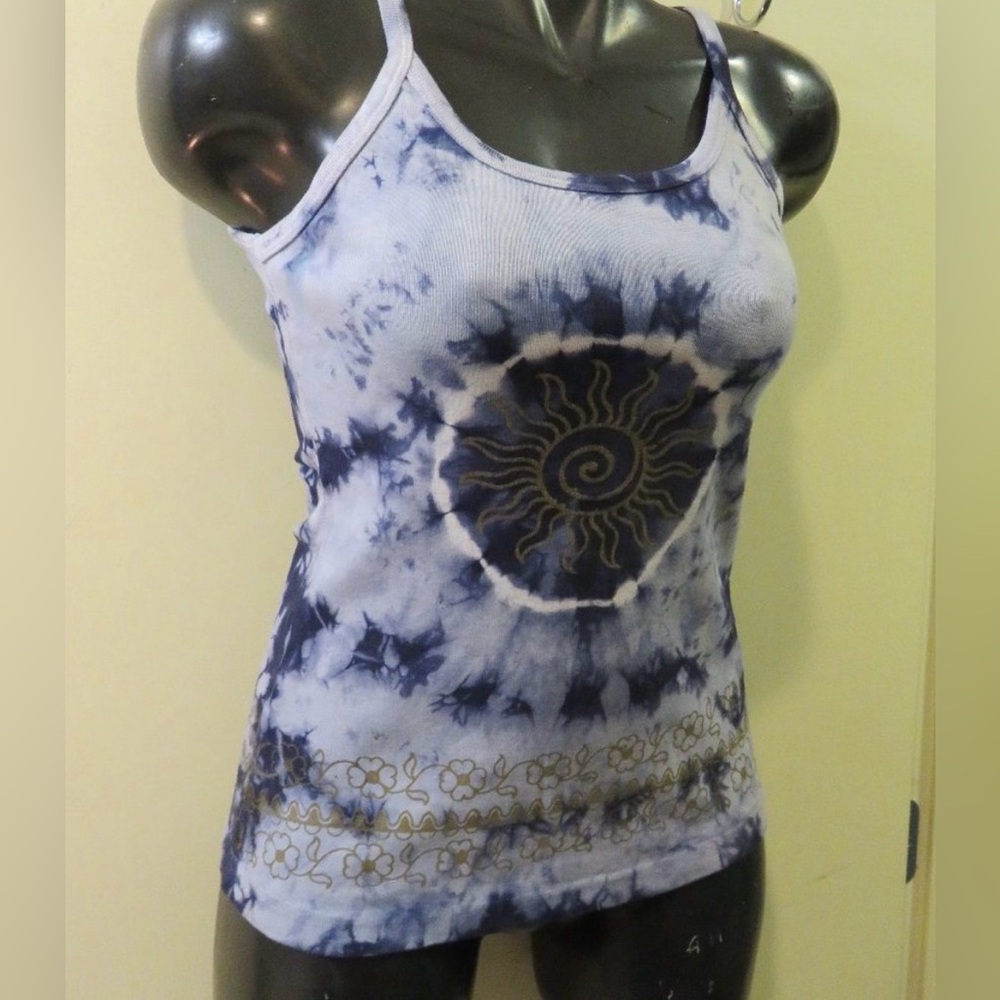 S*A*L*E! NEPAL TANK TOP Tie-Dye Sun Graphic  - Blue, White, & Gold, Small, EUC